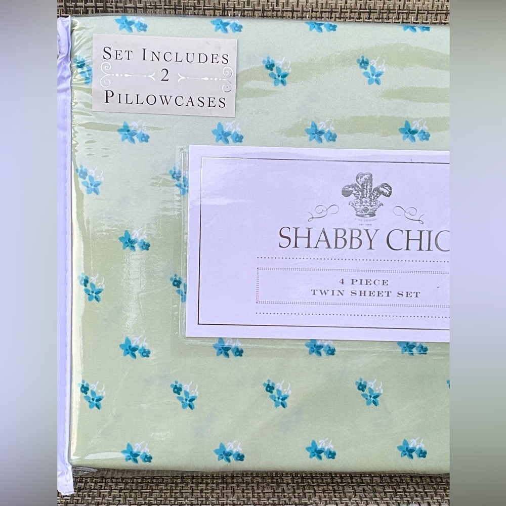 Shabby Chic Blue Floral Green Polyester TWIN Sheet Set 4pc - Picture 7 of 8